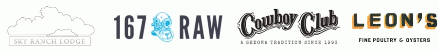 Logos of Sky Ranch Lodge, 167 Raw, Cowboy Club a Sedona tradition since 1993, and Leon's Fine Poultry & Oysters
