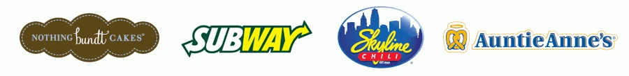 Logos of Nothing Bundt Cakes, Subway, Skyline Chili, and Auntie Anne's