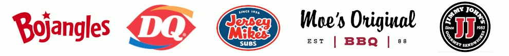 Logos of Bojangles, Dairy Queen, Jersey Mike's Subs, Moe's Original BBQ, and Jimmy John's Gourmet Sandwiches