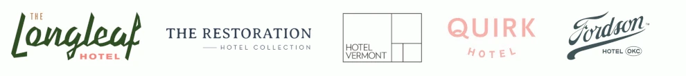Logos of The Longleaf Hotel, The Restoration Hotel Collection, Hotel Vermont, Quirk Hotel, and Fordson Hotel OKC