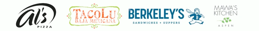 Logos of Al's Pizza, TacoLu Baja Mexicana, Berkeley's Sandwiches and Suppers, and Mawa's Kitchen Aspen