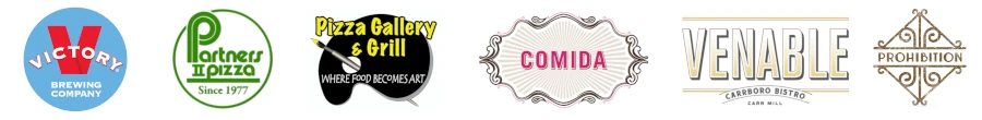 Logos of Victory Brewing Company, Partners II Pizza, Pizza Gallery & Grill, Comida, Venable Carrboro Bistro, and Prohibition